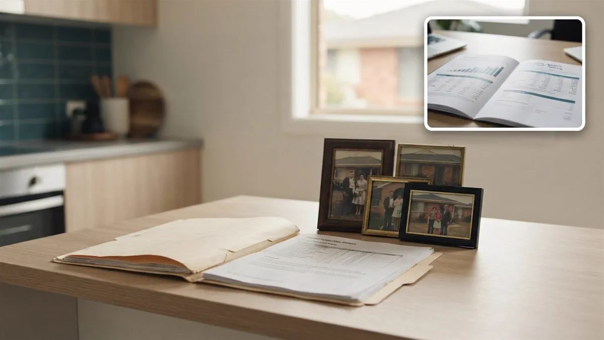 A rental inspection report and a set of old family photographs of the same Australian house
